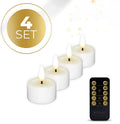 Four white LED tealight candles with flickering light effect on a dark surface.