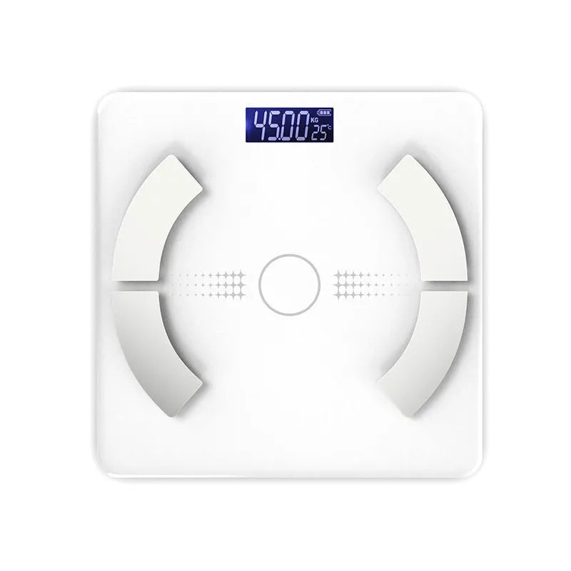 Smart Bluetooth body fat scale in white colour showing digital display and contemporary design