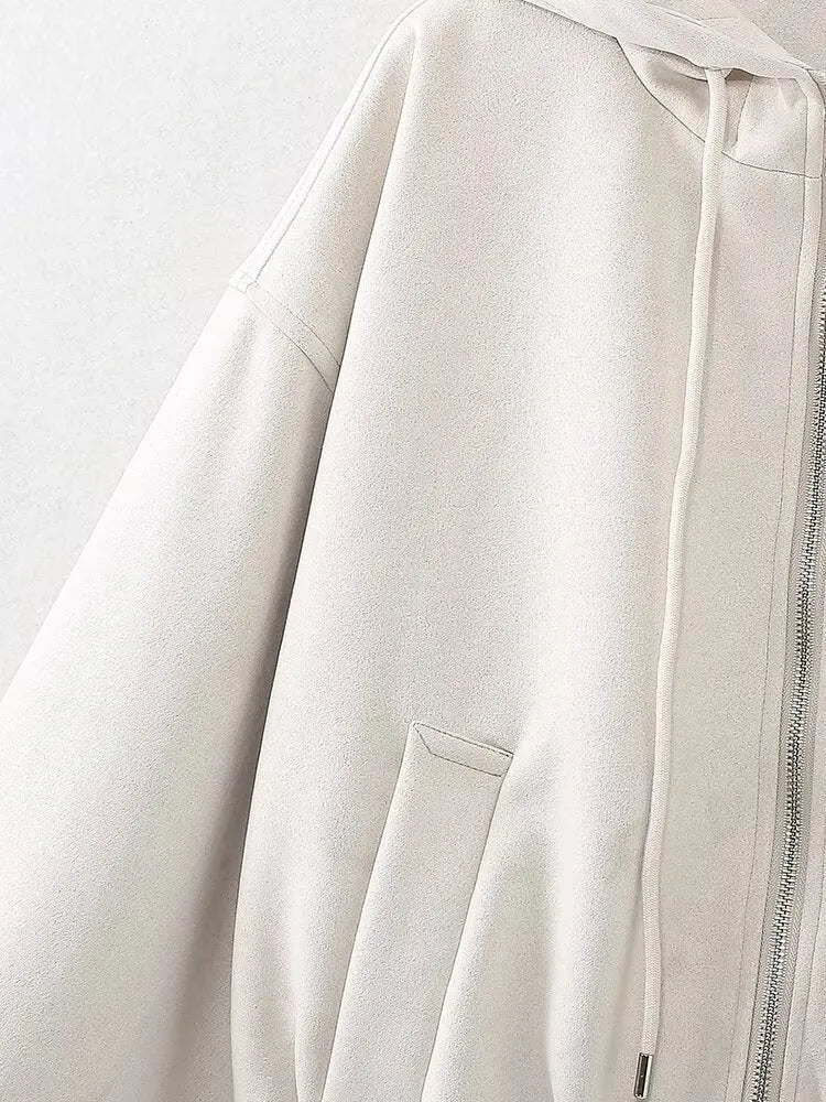 Women's casual hooded jacket in suede fabric available in black or white colours