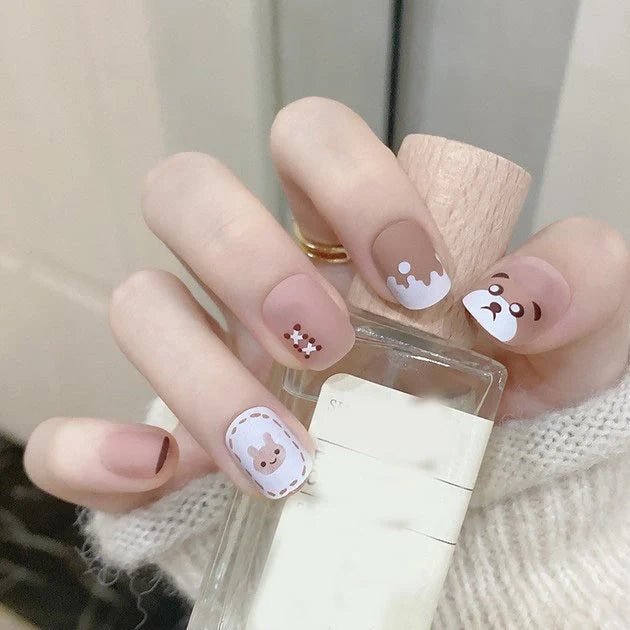 Coffee milk bear design nail patches size 0-9 with adhesive glue tube
