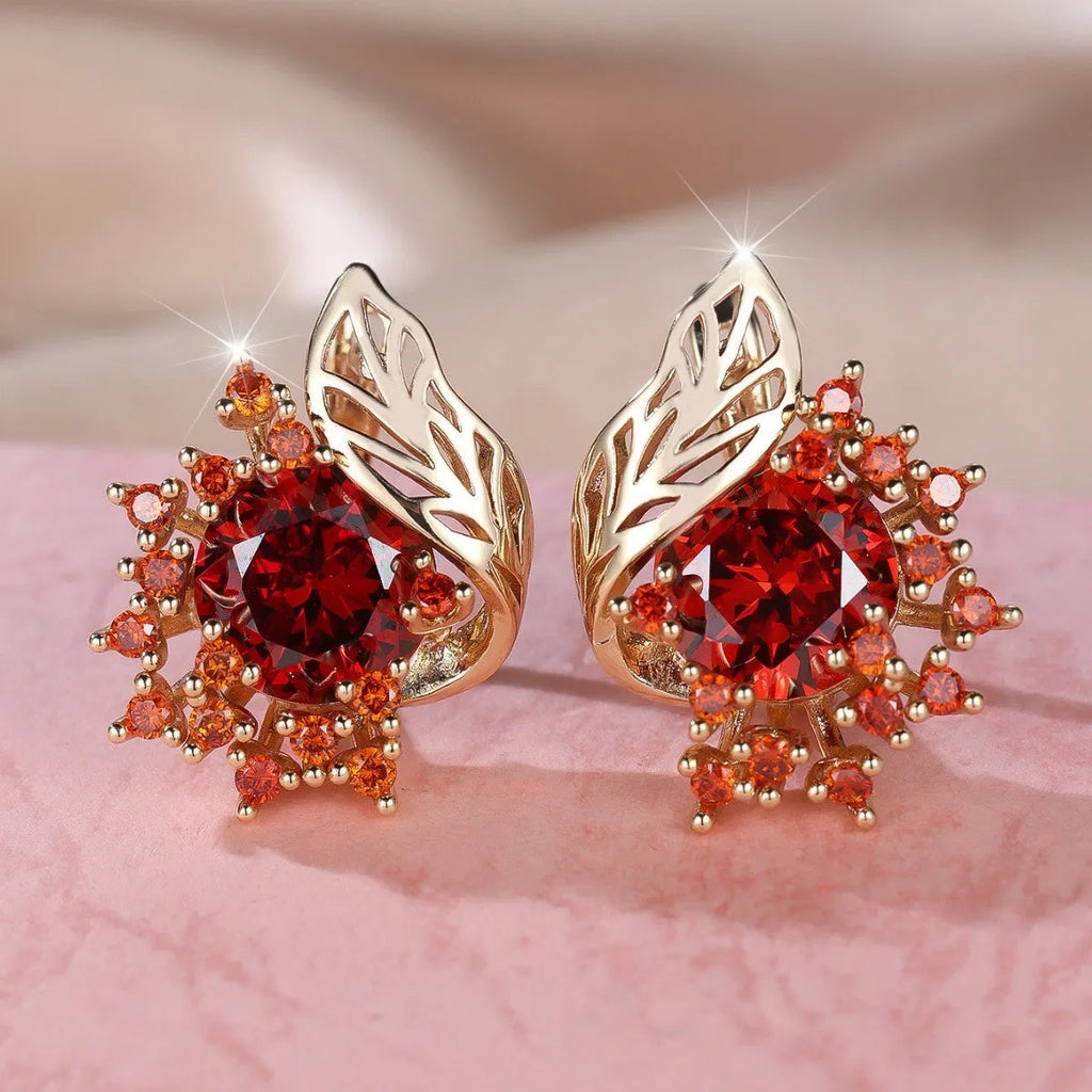 Round flowers feather zircon earrings with electroplated champagne gold finish and colourful diamond accents