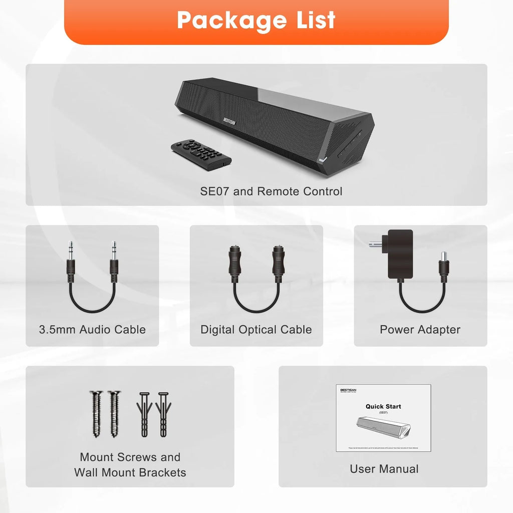 Black 40W wall soundbar with remote control and wall-mounting accessories on a white background