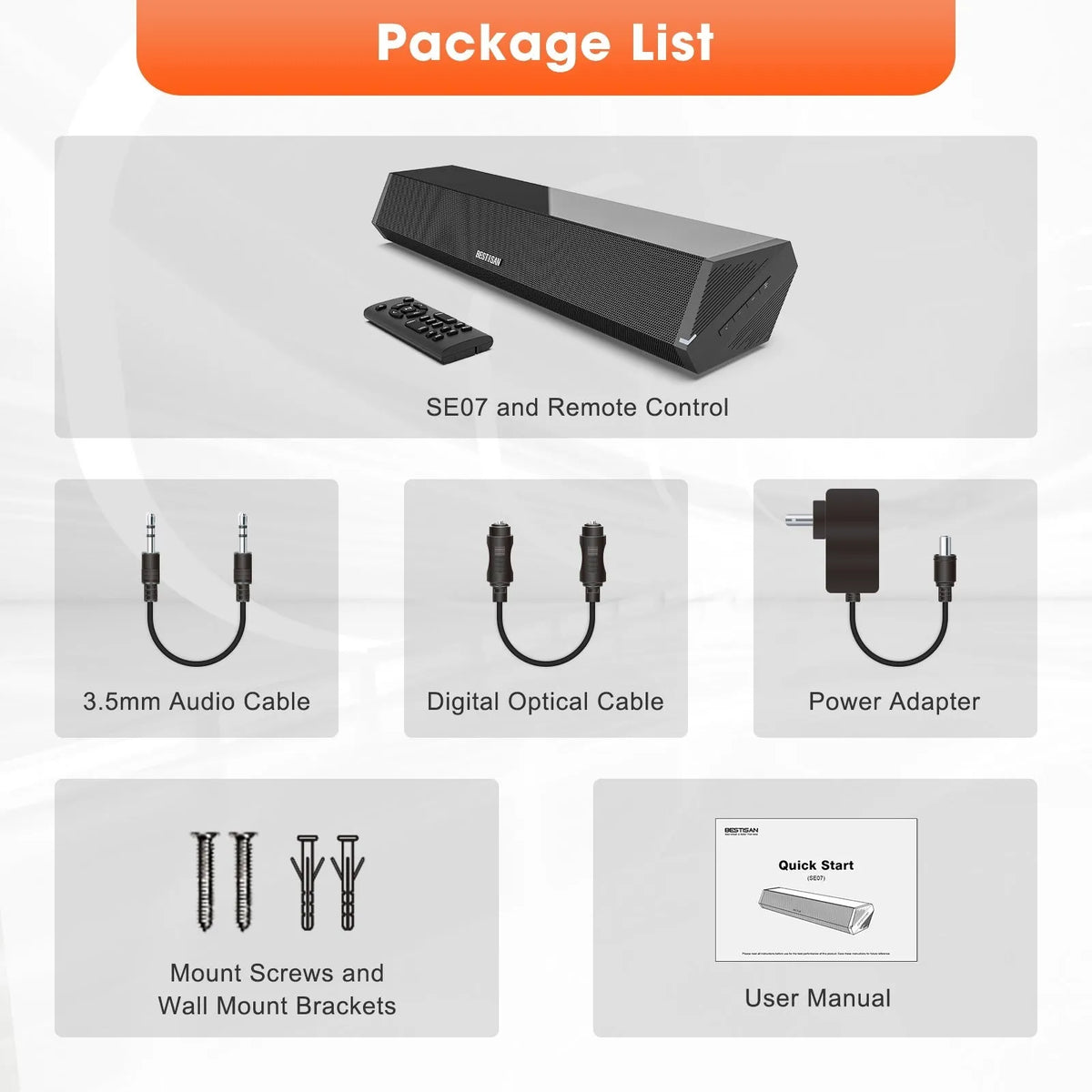 Black 40W wall soundbar with remote control and wall-mounting accessories on a white background
