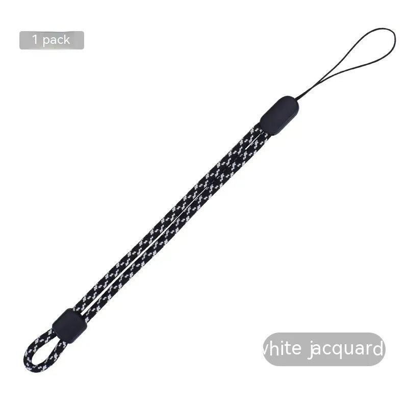 Adjustable nylon mobile phone lanyard wrist strap 20cm in black and white jacquard weave