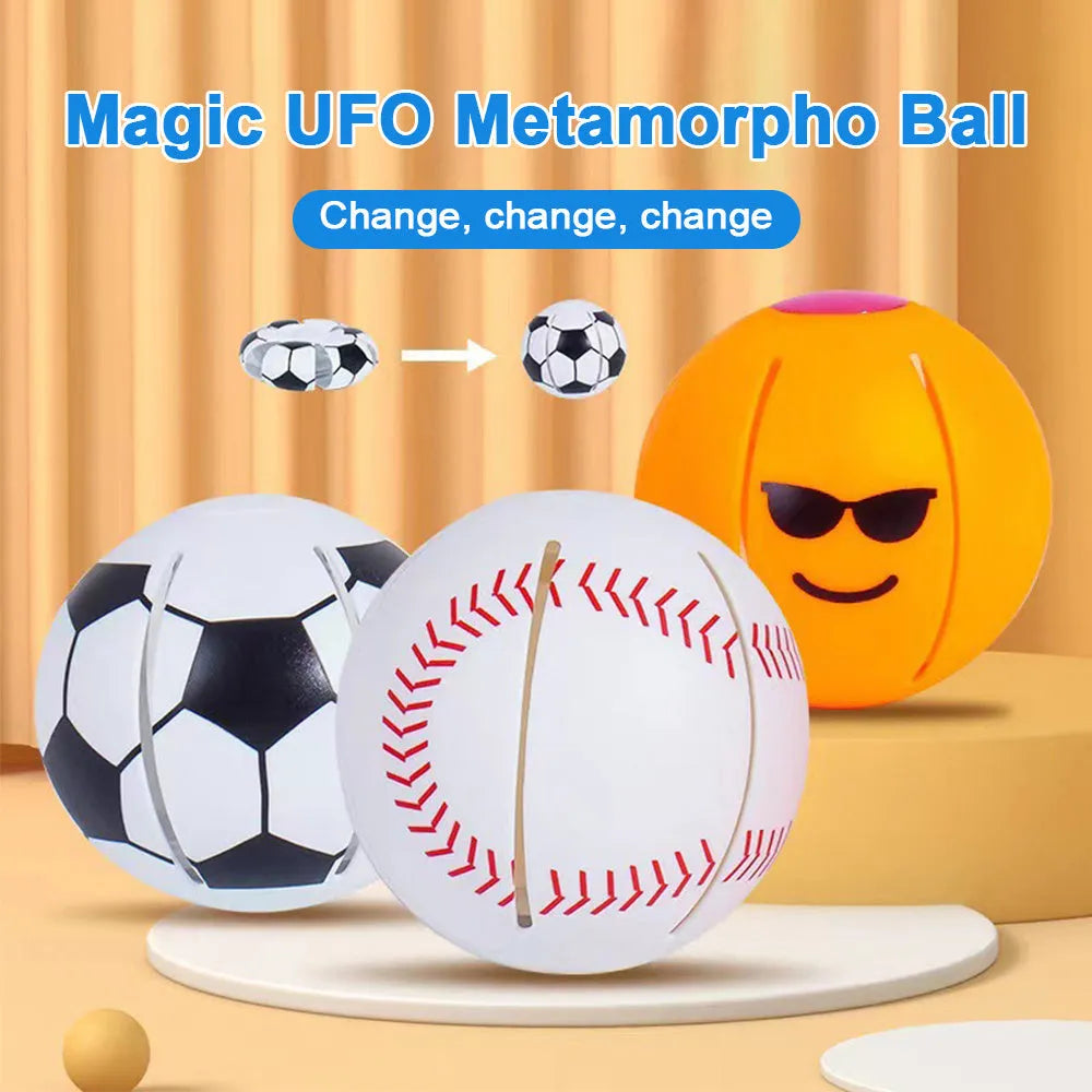 Interactive transformable dog toy showing ball and flying disc states with glowing element