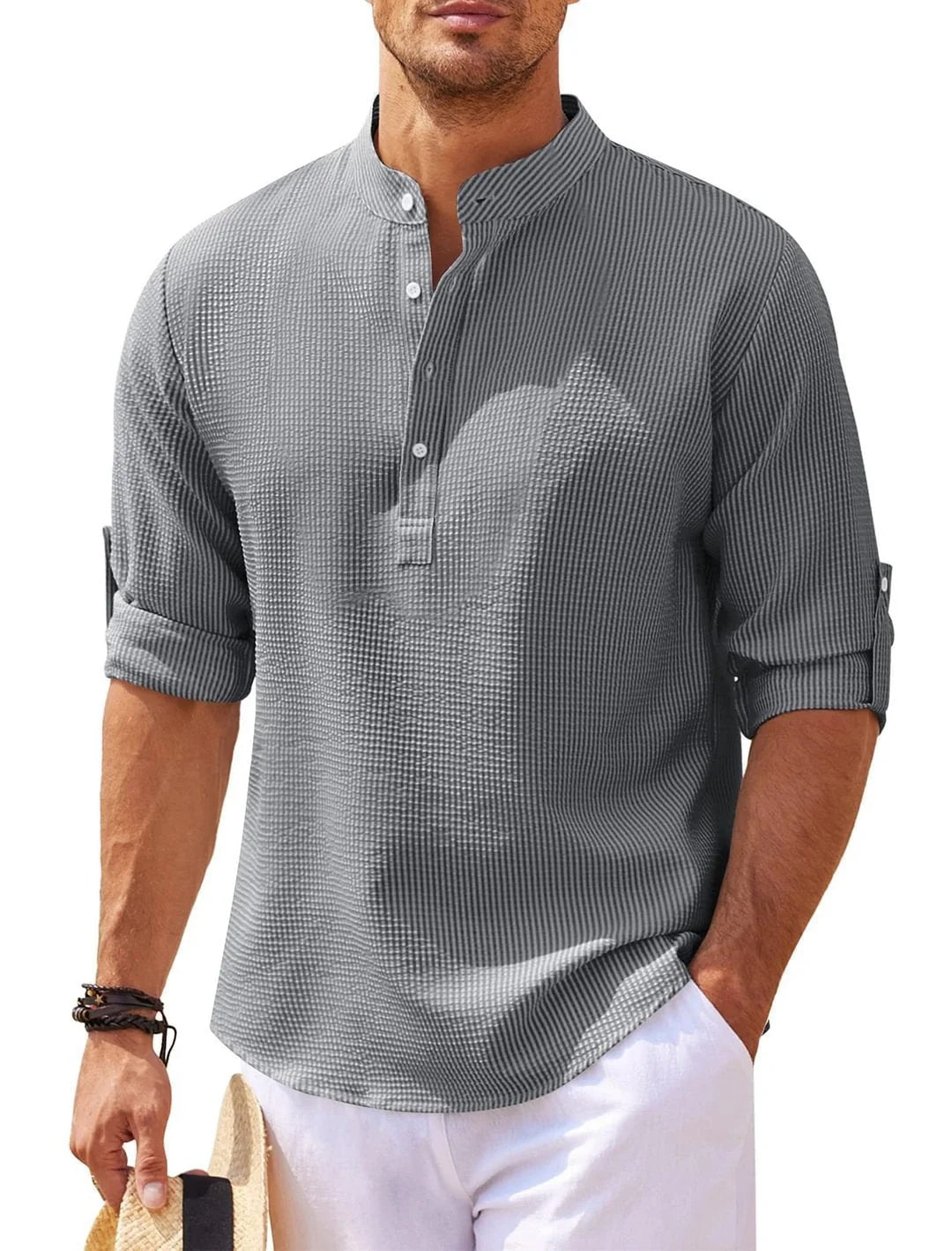 Men's stand collar cotton blend shirt in various colours and sizes for autumn wear
