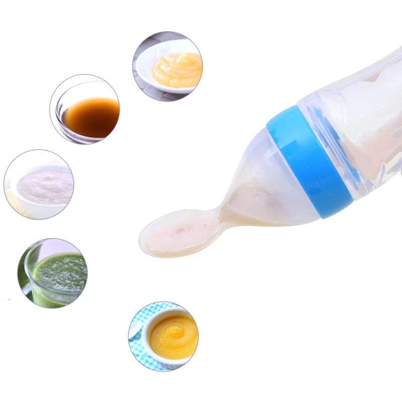 Safe silicone baby feeding spoon bottle in various colors for easy, mess-free toddler feeding
