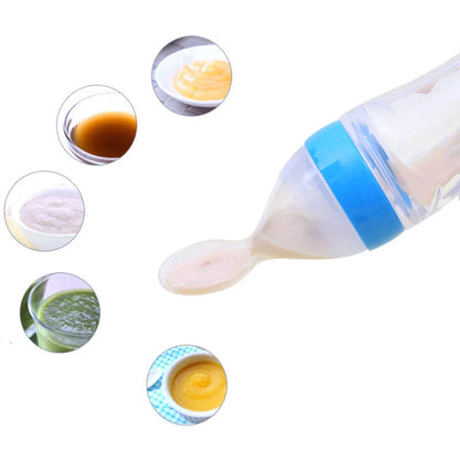 Safe silicone baby feeding spoon bottle in various colors for easy, mess-free toddler feeding
