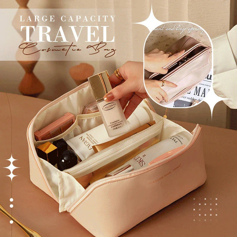 Premium PU leather travel cosmetic bag with large capacity, multiple compartments, and a sturdy wire frame for structured organization