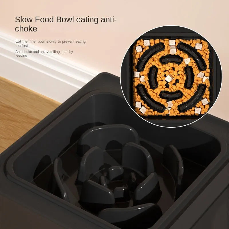 Black adjustable-height dog feeding stand with two stainless steel bowls on a non-slip plastic base.