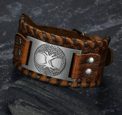 Asgard Crafted Leather Buckle Arm Cuff with Metal Celtic Tree of Life Design in Silver Brown, Silver Black, and Gold Black