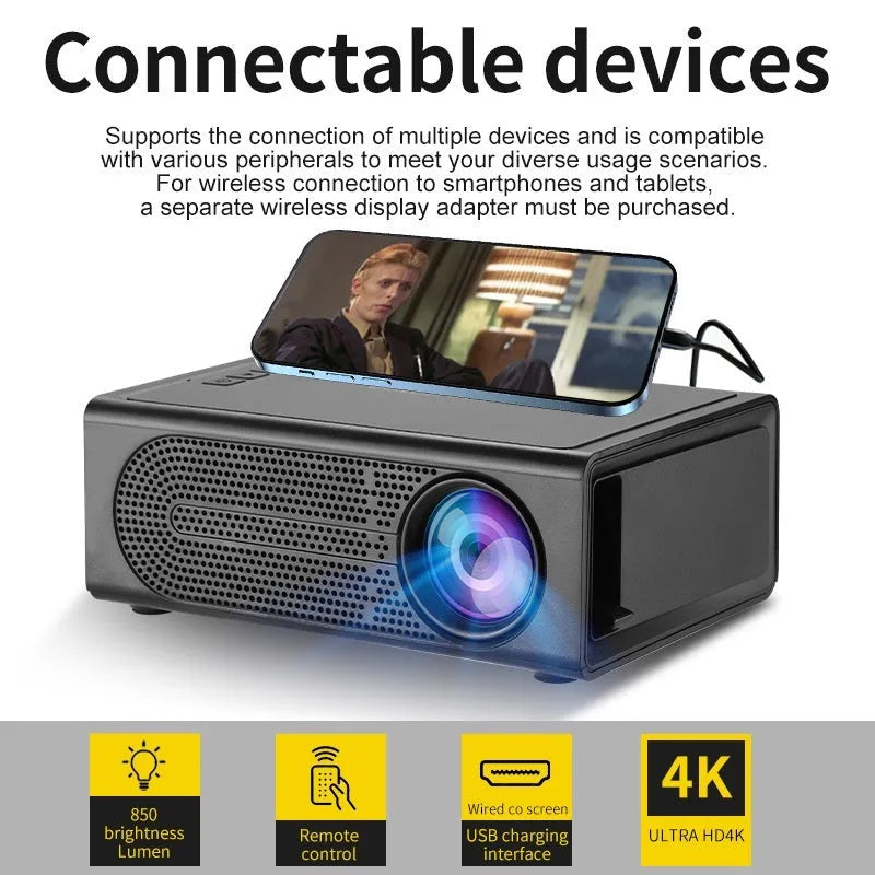 Portable mini projector in black with wired cable for mobile phone screen mirroring