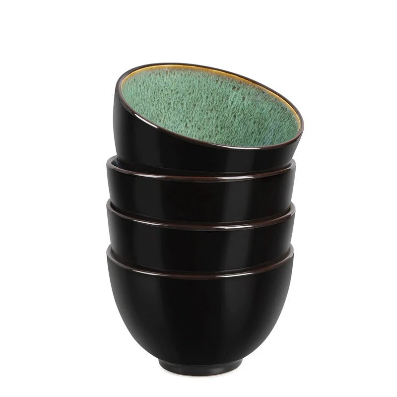 Set of 4 peacock green ceramic bowls, 24oz each, safe for dishwasher, microwave, and oven use
