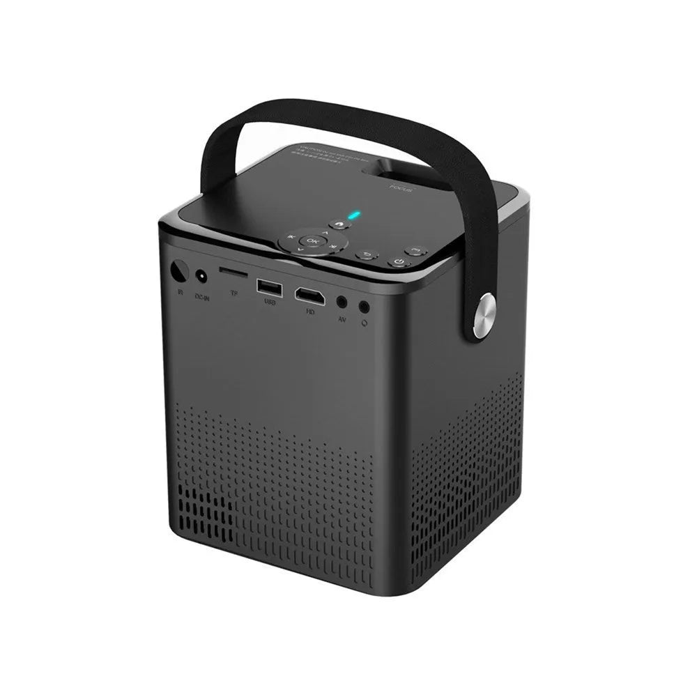 C500 portable mini HD projector in black with remote control and cables for mobile screen mirroring
