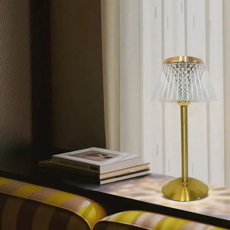 Romantic crystal table lamp with electroplated finish, acrylic shade, USB touch dimmer, three-color light, music and projection feature, 27cm x 12cm