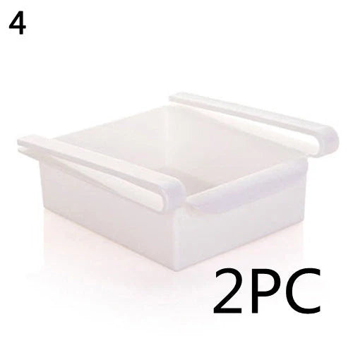 Stretchable refrigerator storage basket in white, blue, pink, and apricot colours