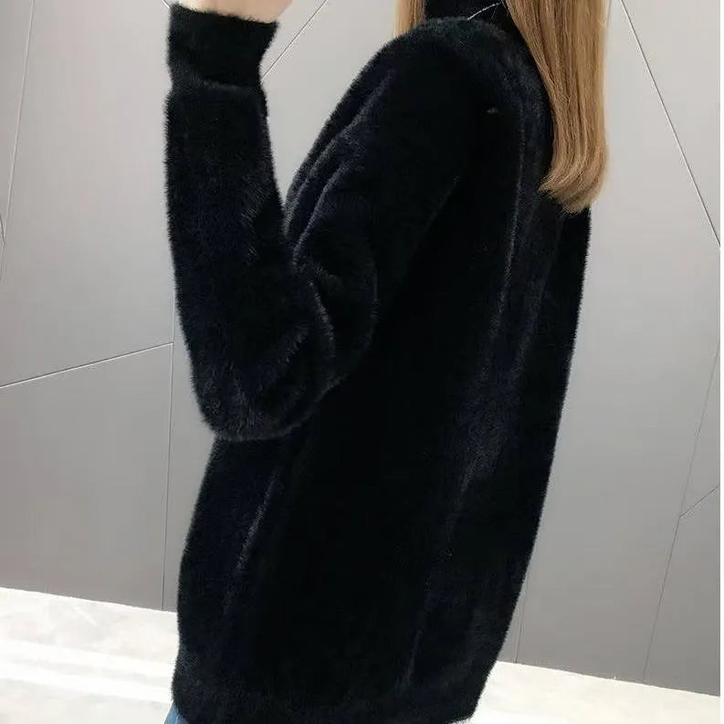 Women's half turtleneck solid colour long sleeve bottoming shirt in black, front view