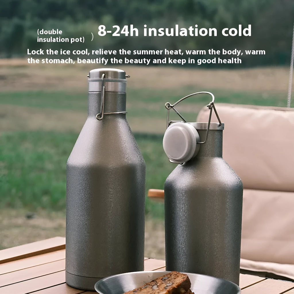 Stainless steel thermal pot with large capacity, showing single-layer and double-layer insulation options