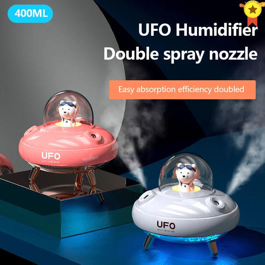 Wireless UFO-shaped air humidifier with dual nozzles and cute cartoon bear design, perfect for adding moisture and style to any Kiwi home