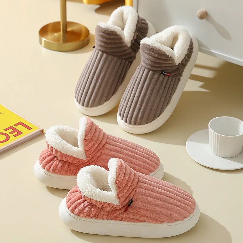 Women's winter cotton home slippers with corduroy lining, low-top flat heel, available in pink colour