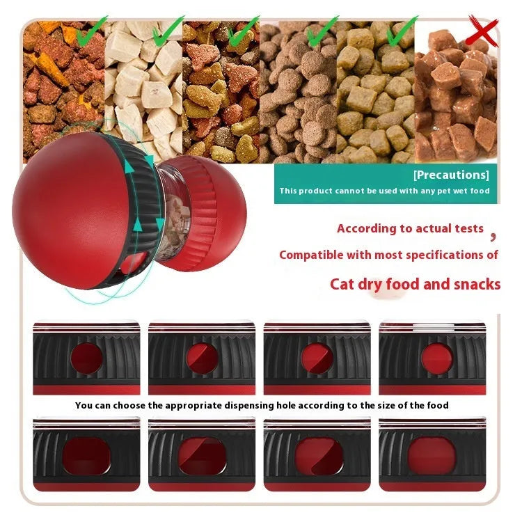 Rotating plastic cat toy ball in super ball colour with food dispensing mechanism