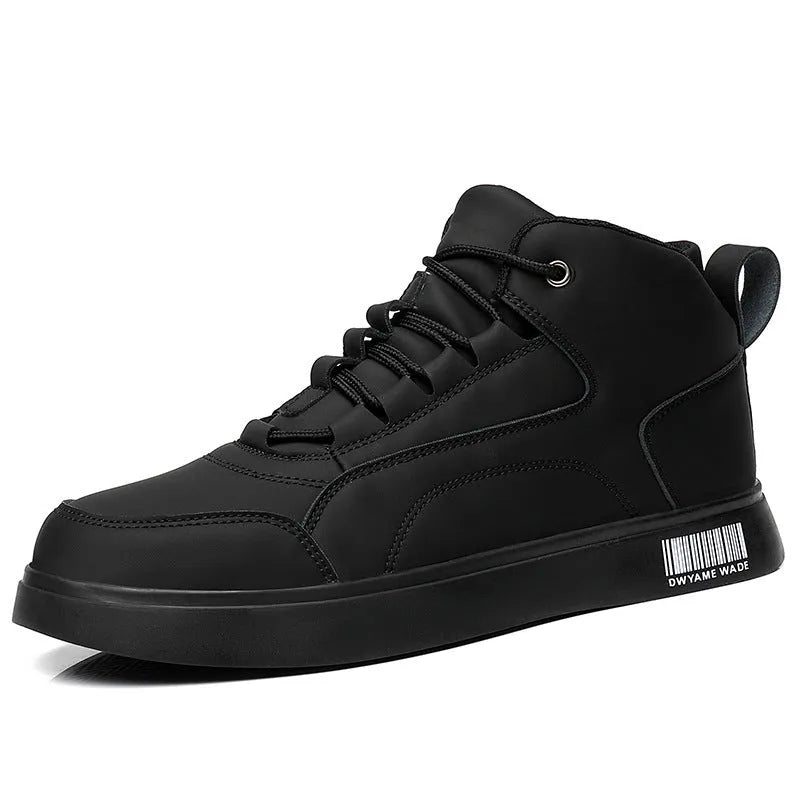 Men's white mid-top casual lace-up sneakers with a round toe and rubber sole
