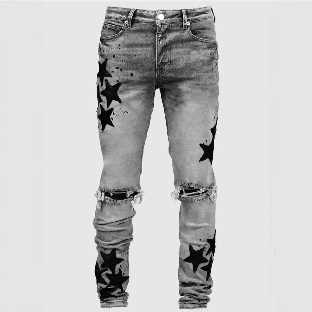 Men's slim stretch blue jeans with embroidery detailing on denim fabric