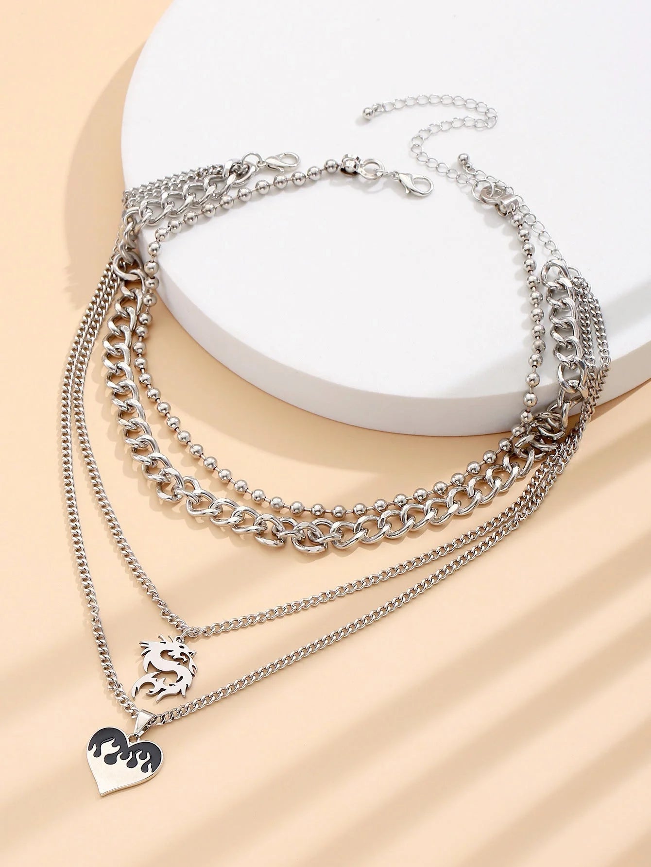 Simple Love Dragon Pendant with adjustable alloy chain, silver electroplating, geometric design