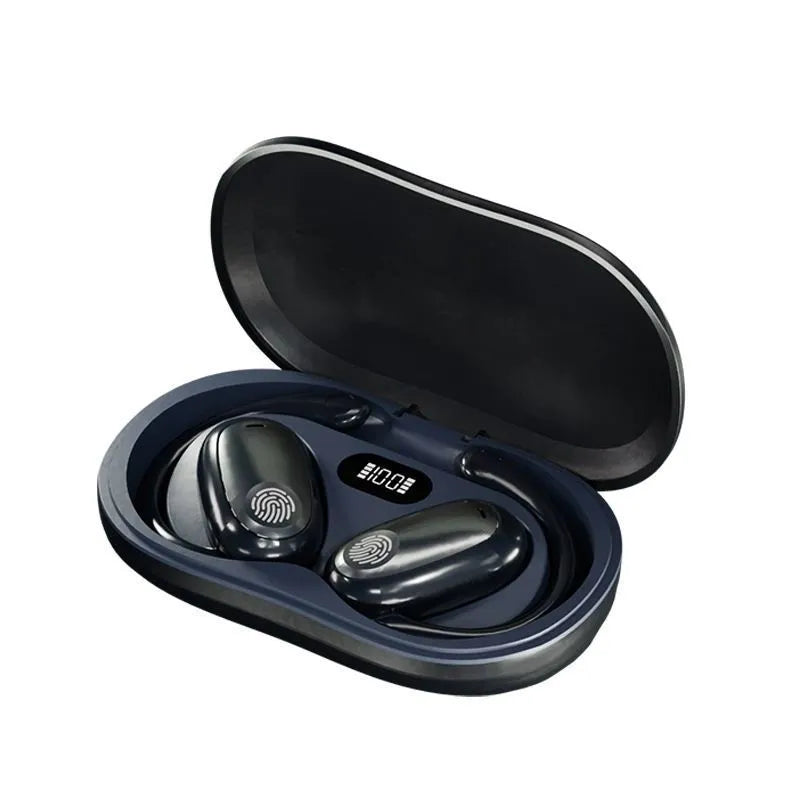 Wireless Bluetooth open ear headphones in ear hook style, black, with digital display and breathing light