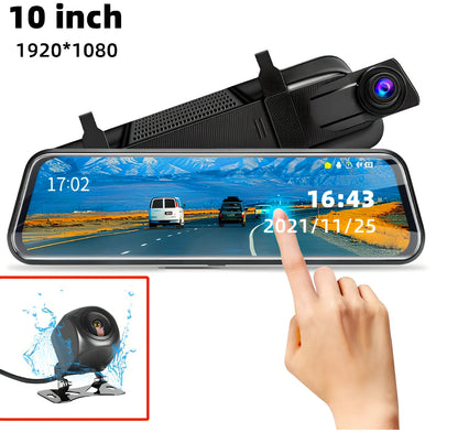 10-inch dual recording dash cam mounted as rearview mirror with 170-degree front and rear cameras