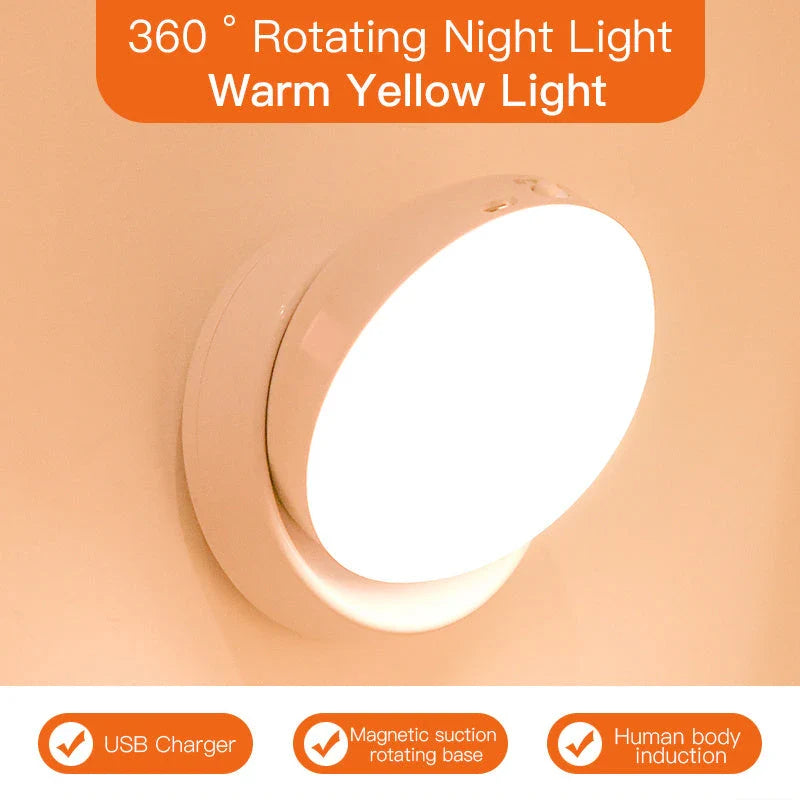 Rotating motion sensor light for corridors, garages, and wardrobes with adjustable direction and energy-saving features