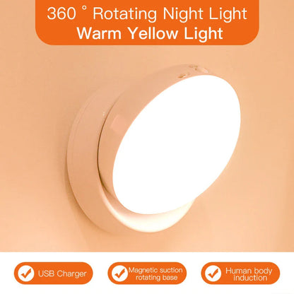 Rotating motion sensor light for corridors, garages, and wardrobes with adjustable direction and energy-saving features