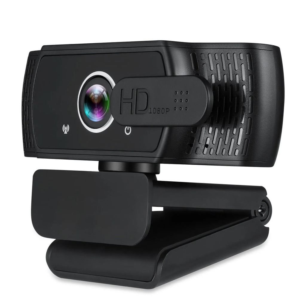 Black USB webcam with built-in microphone on a laptop screen, showing 360-degree rotation.
