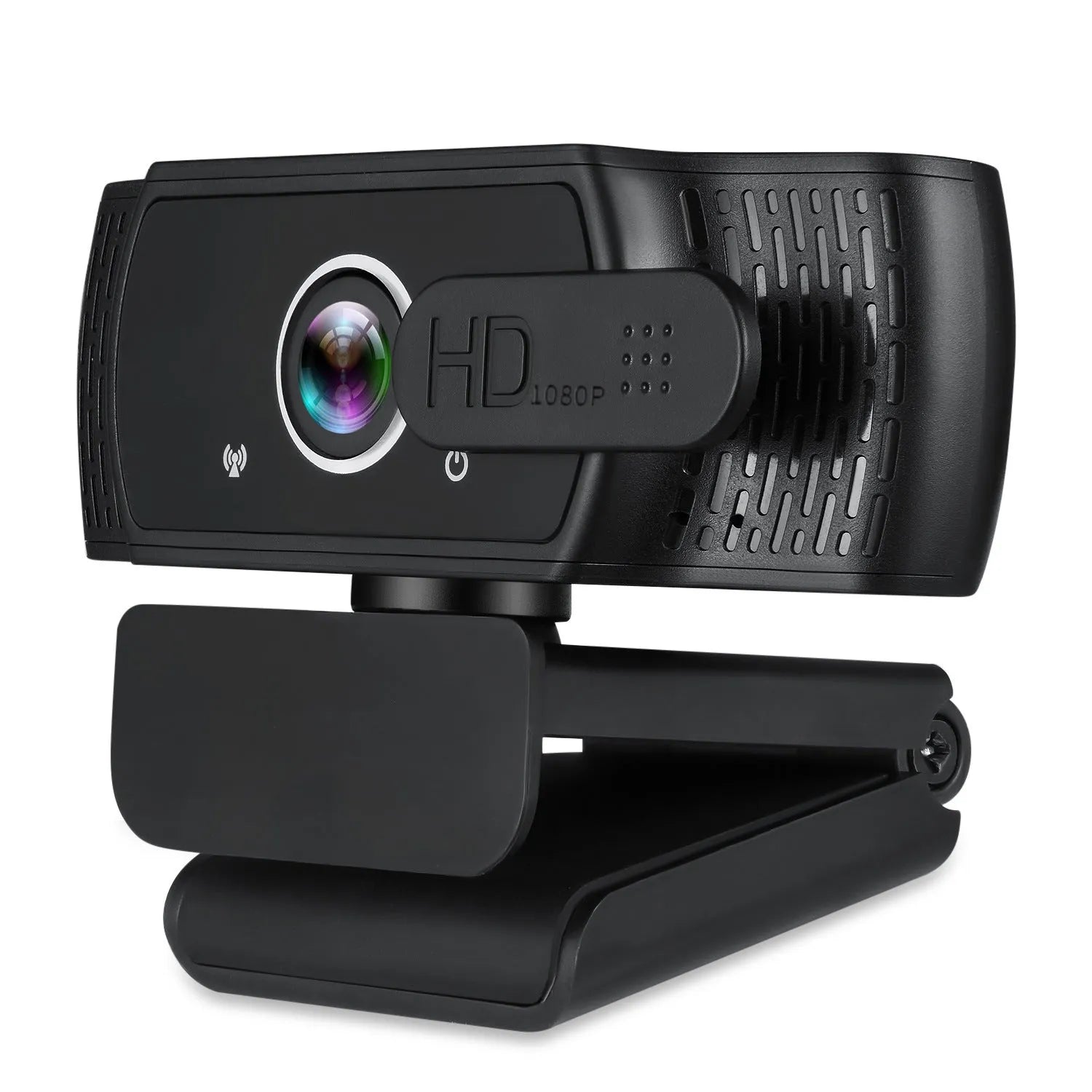 Black USB webcam with built-in microphone on a laptop screen, showing 360-degree rotation.
