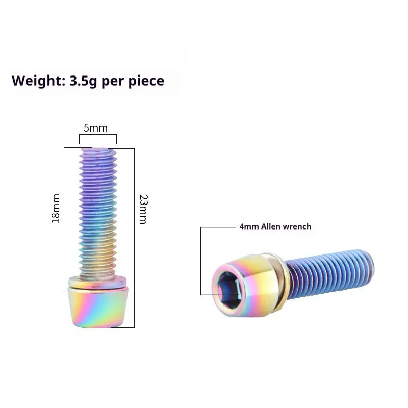 Six stainless steel mountain bike handlebar stem screws in assorted colours on a card.