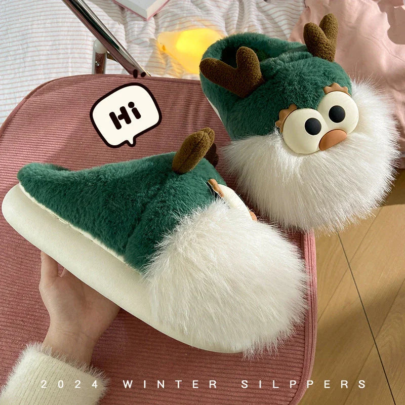 Cozy plush Christmas deer-themed slippers with soft material and durable sole for comfortable indoor wear