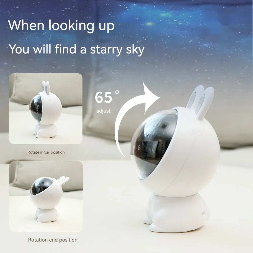 Creative rabbit-shaped star light projector lamp with a rechargeable battery, available in white or pink light, compact 110x93x121mm size