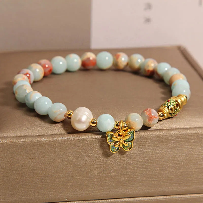 Blue freshwater pearl and Shoushan stone women's bracelet with butterfly pendant in minority-inspired design