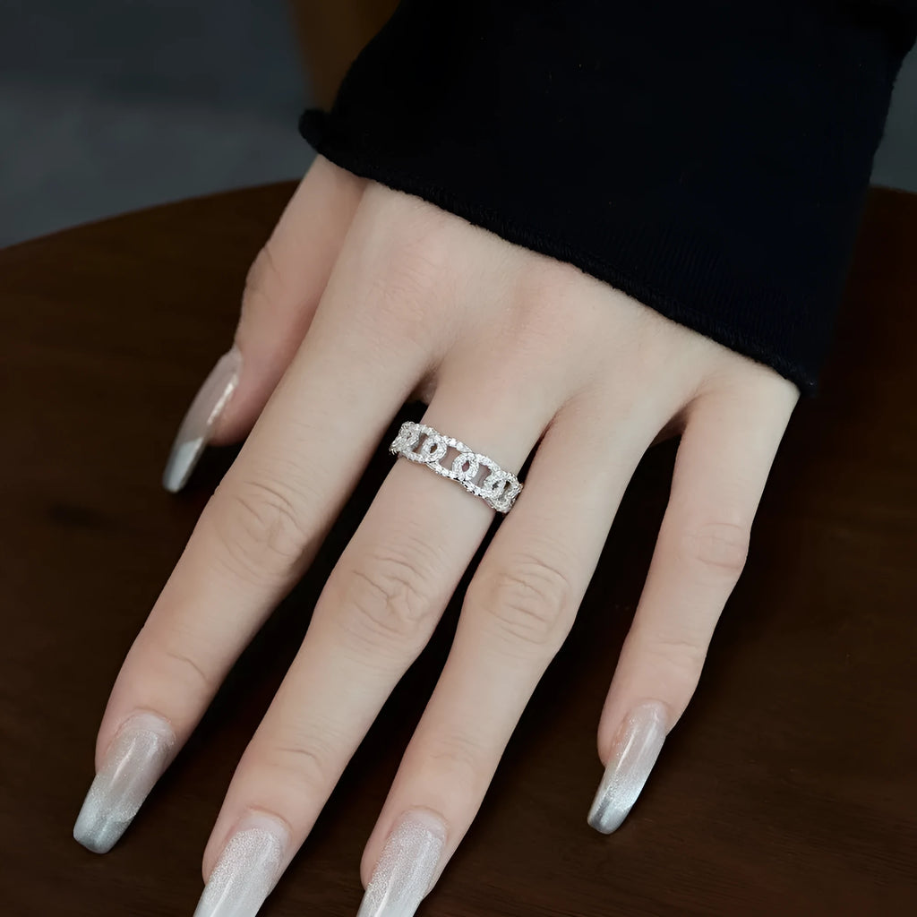 Silver punk chain ring for women in white colour, electroplated finish, size No 6