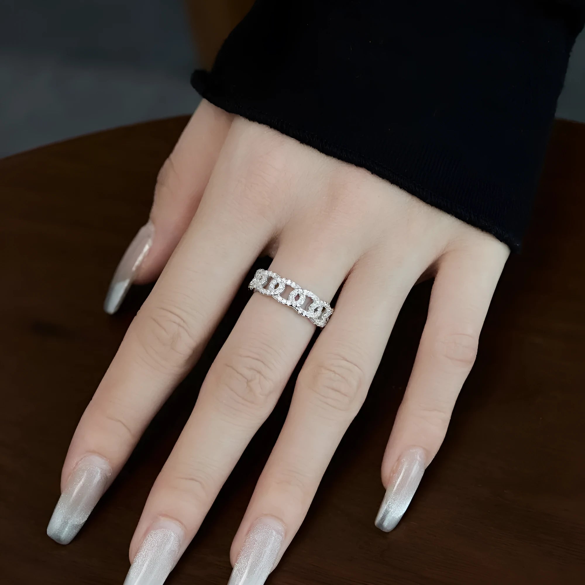 Silver punk chain ring for women in white colour, electroplated finish, size No 6
