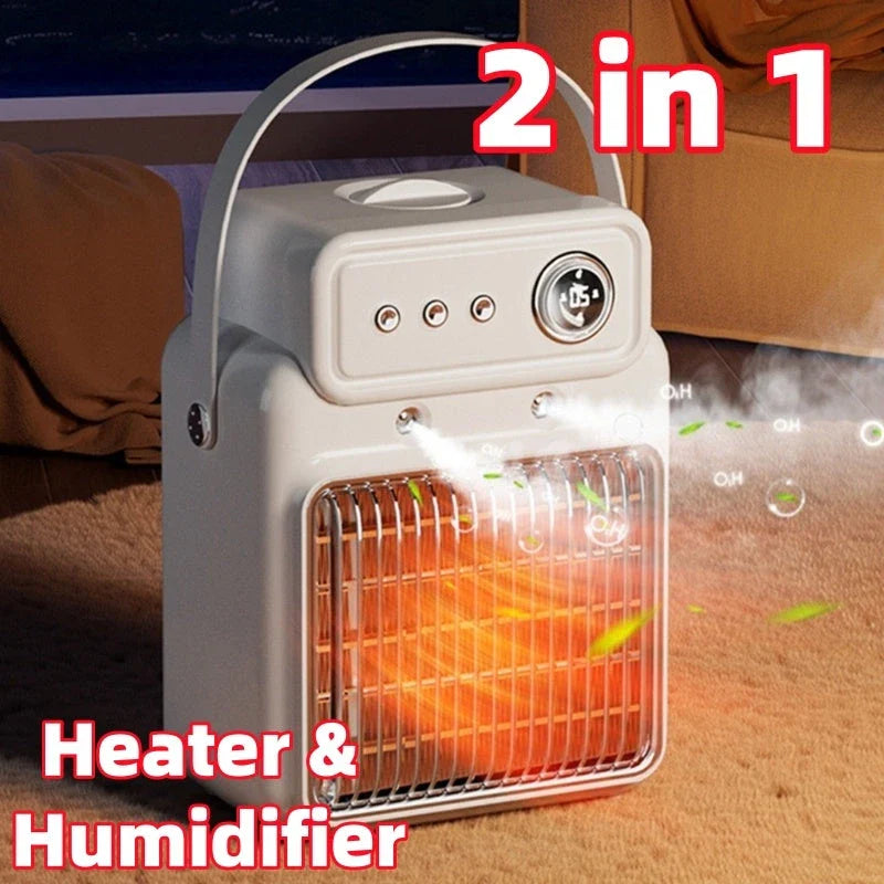 A modern, white electric heater and humidifier with a control panel and mist output