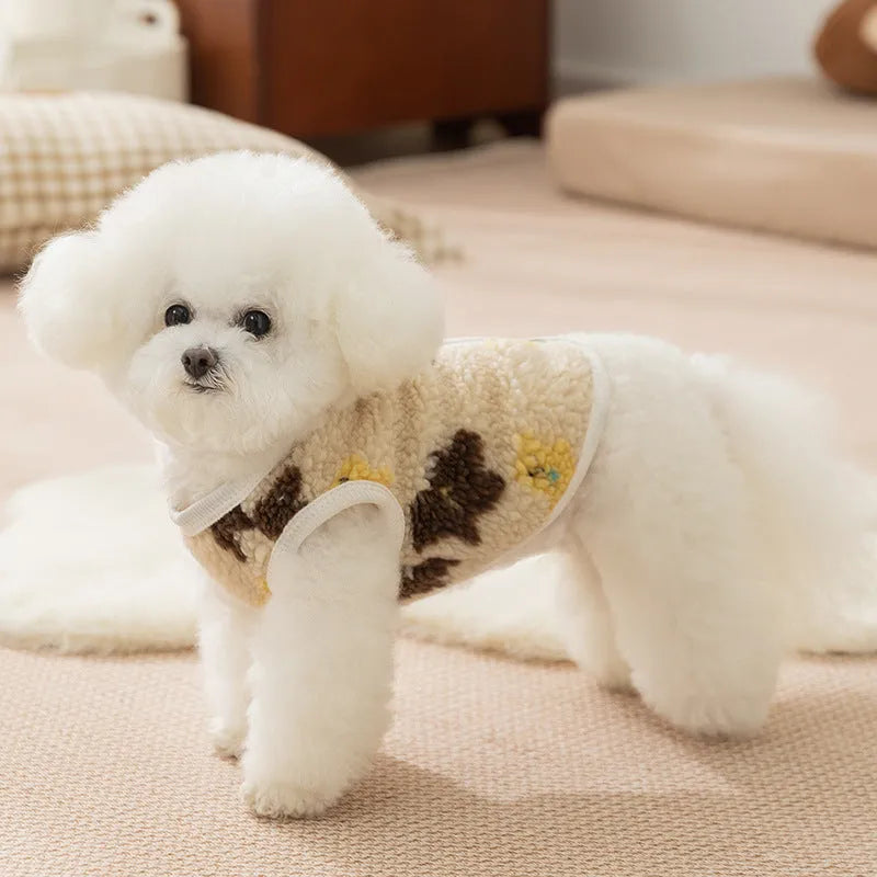 White Teddy bear printed Sherpa pet vest with button closure for small dogs and cats