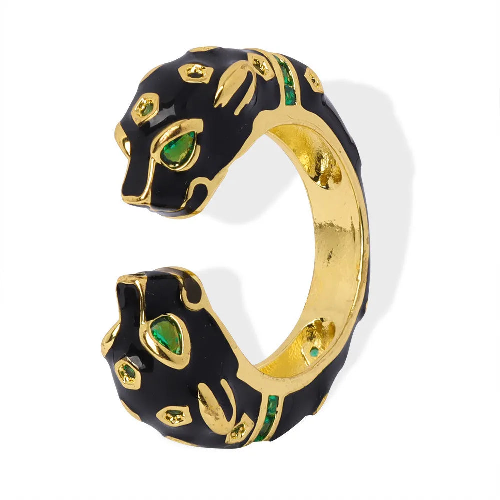 Black cheetah print open geometric ring for women, size No 7, made of electroplated copper.