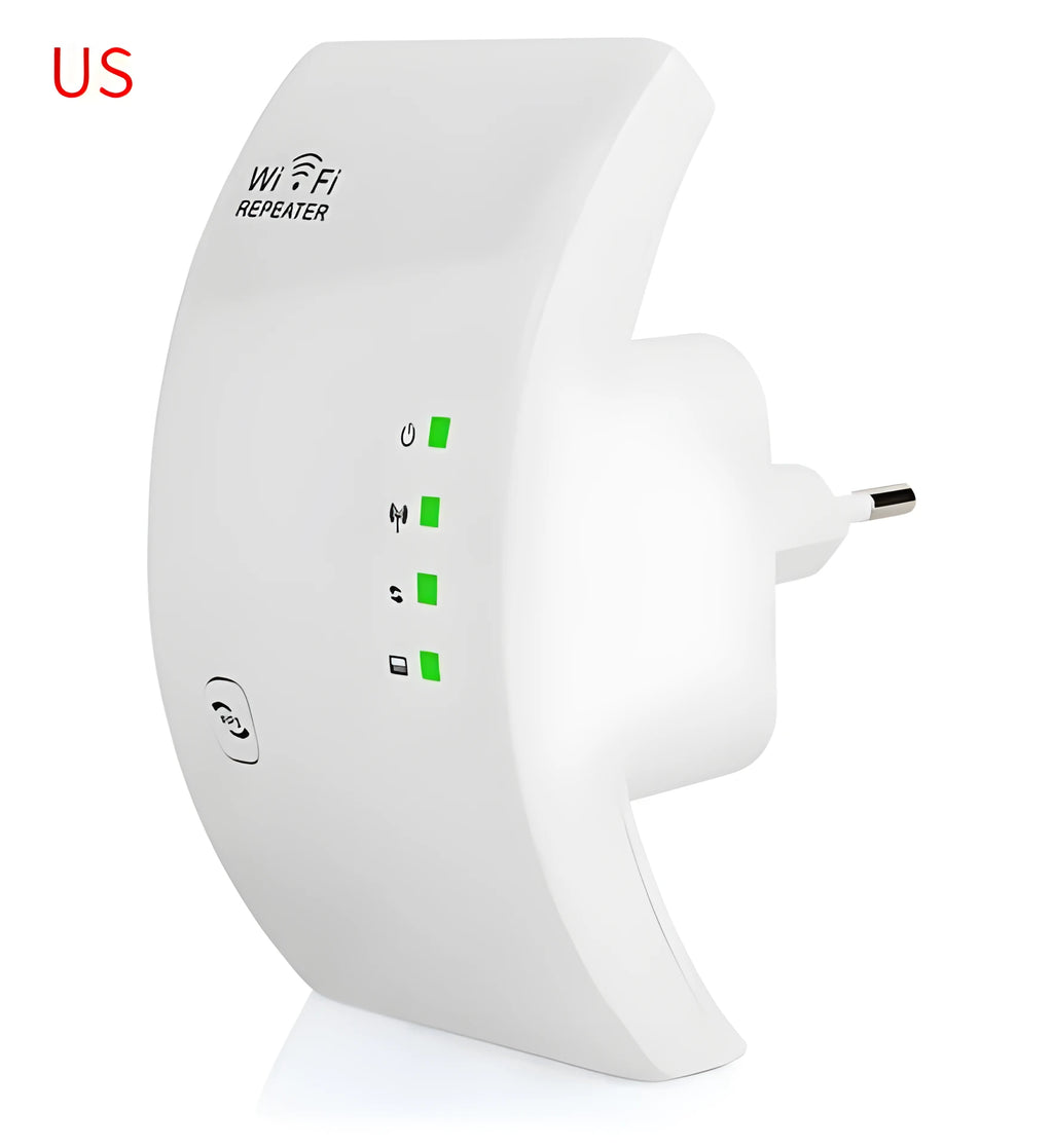EASYIDEA WR101000 300Mbps 2.4G WiFi Repeater in black with EU plug, front view showing WPS button and ports