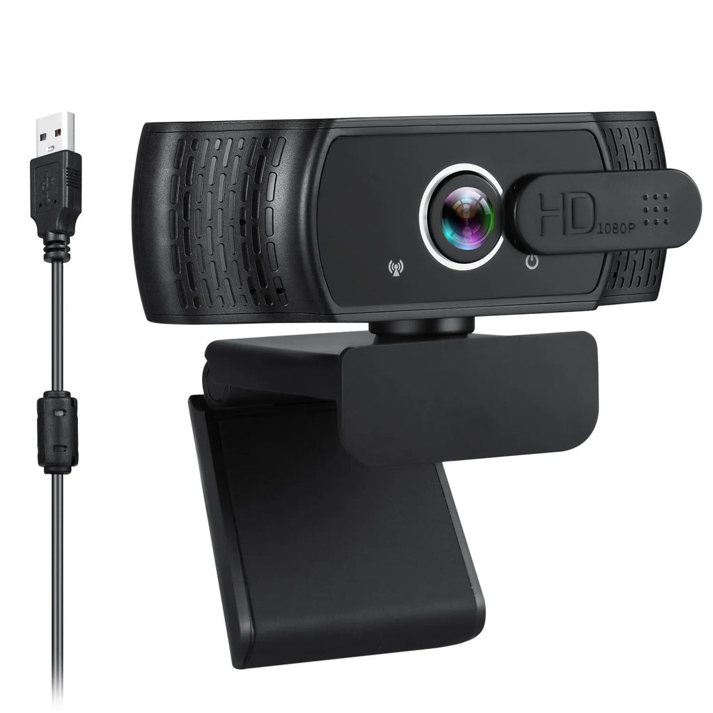 Black USB webcam with built-in microphone on a laptop screen, showing 360-degree rotation.