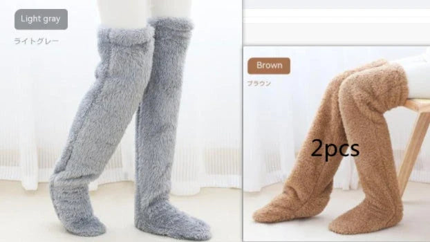 Cozy over-the-knee fuzzy socks in various colors, designed to keep your legs and knees warm during the winter season.