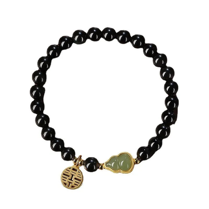 Black obsidian and white Hetian jade gourd bracelet with geometric pattern in 6mm, 8mm, and 10mm size options.
