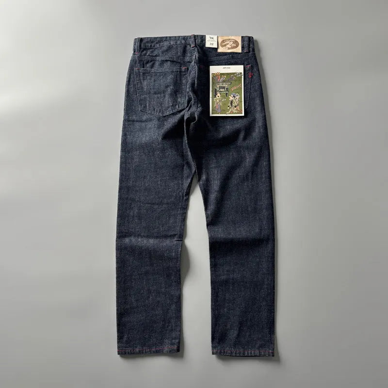 Men's straight leg denim trousers in primary colour with American retro style and mid waist fit.