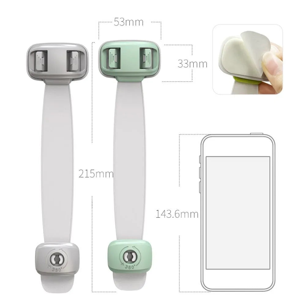 Adjustable child safety lock with strap shown securing a cabinet door using 3M adhesive