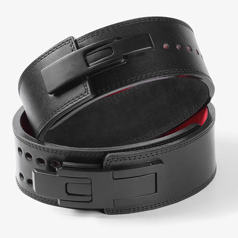 Black cowhide adjustable weight training waist support belt with alloy buckle